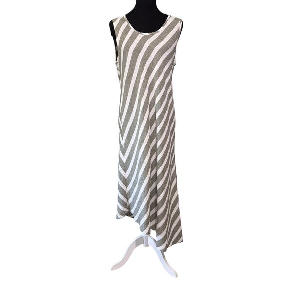 FLAX‎ Linen Striped Dress Size MEDIUM Maxi Sleeveless Sundress Asymmetrical Hem - Picture 1 of 10